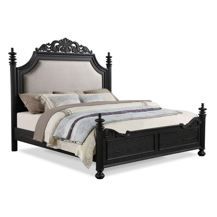 Benjara Berry Queen Size Bed, Scrolled Headboard, Upholstery, Wood, Black and Cream