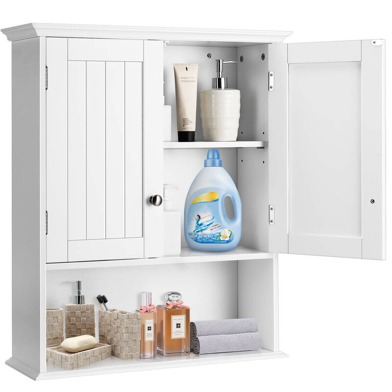 Wall Hanging Bathroom Cabinet with Enclosed Storage and Open Shelves