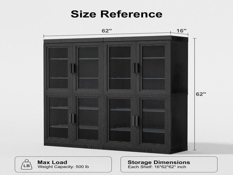 62" High Black Glass Door Wood Grain Decorative Storage Cabinet Display Cabinet, with Sufficient Space for 12 Shelves