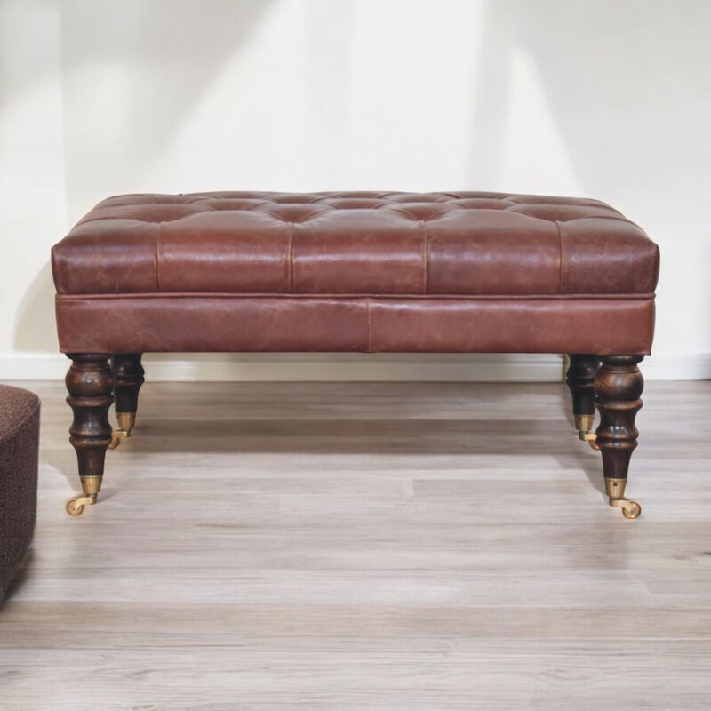 Artisan Furniture Solid Wood Leather Ottoman with Castor Legs