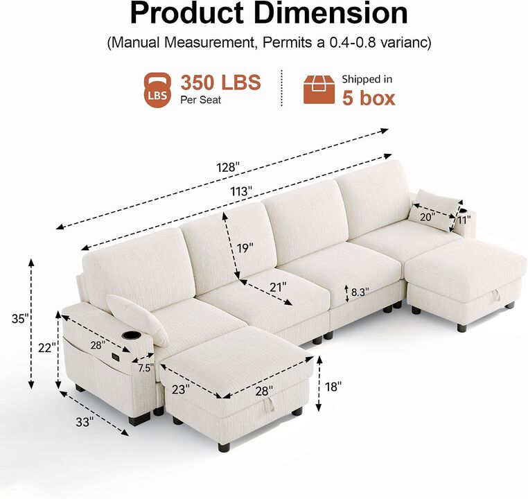 Vipbear 128" Modular Sectional Sofa, Chenille U Shaped Cloud Couch with Ottoman Adjustable Backrest