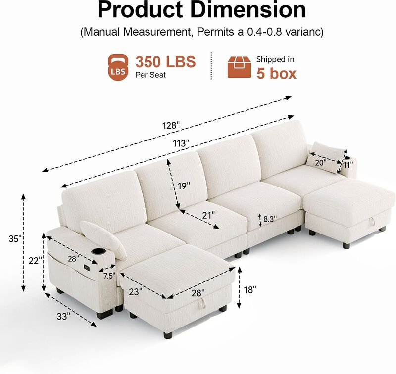 Vipbear 128" Modular Sectional Sofa, Chenille U Shaped Cloud Couch with Ottoman Adjustable Backrest image number 1