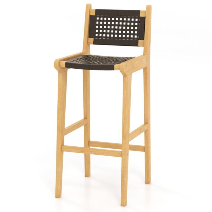 Hivvago 30 Inch Rattan Teak Wood Bar Stool with Backrest and Footrest