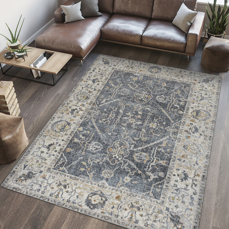 Brandy Rustic Border Low-Pile Machine-Washable Dark Gray/Cream 3 ft. x 5 ft. Area Rug