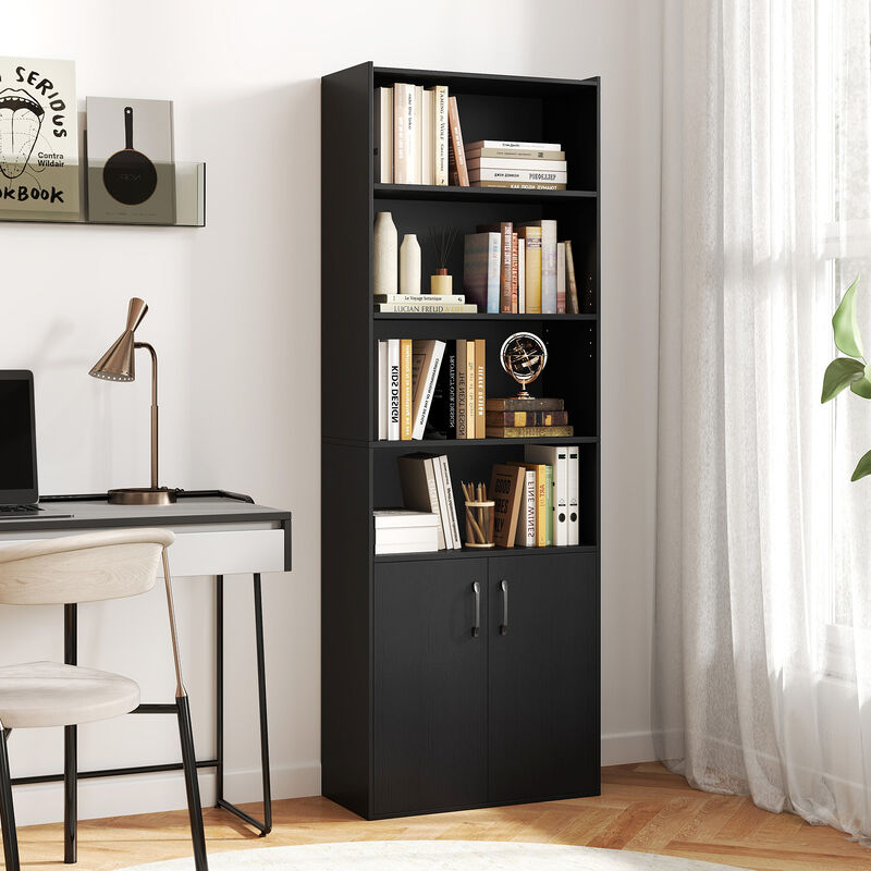 6-Tier Bookcase with Adjustable Shelves and 2-Door Cabinet for Home or Office