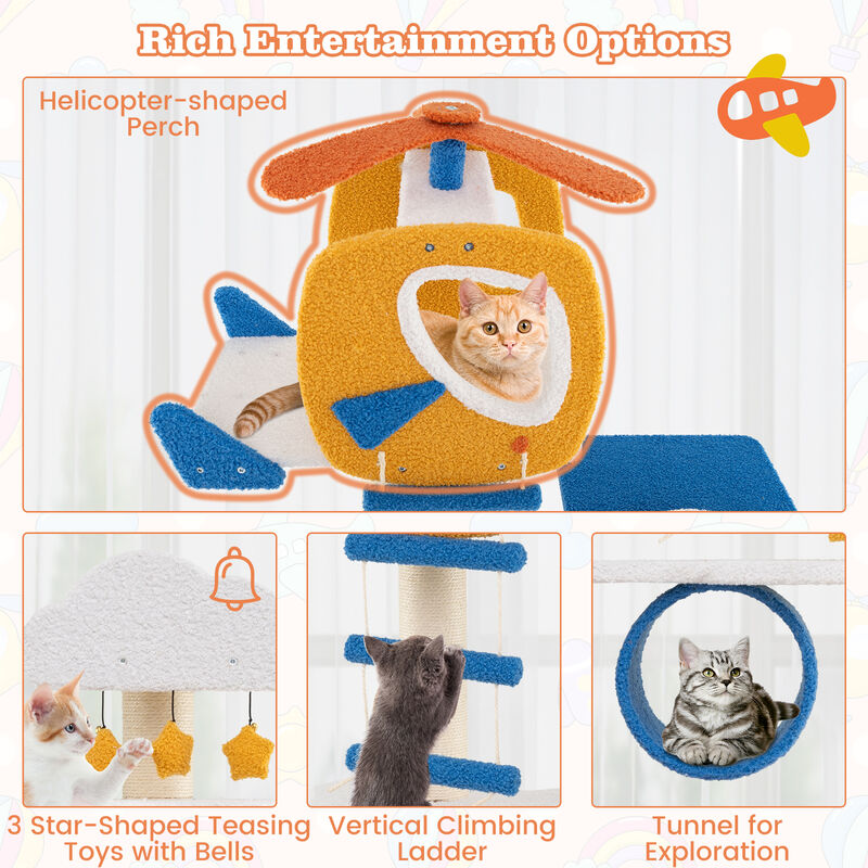 Tall Aviation-themed Cat Tree with Helicopter Top Perch and Platforms