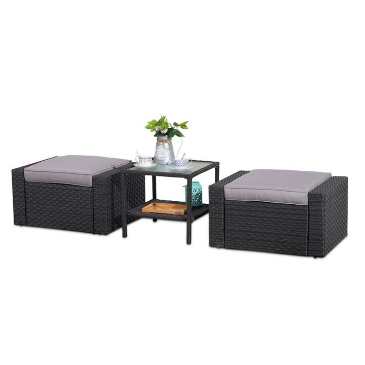 Patio Dark Gray Ottoman Footstool Set Rattan With Side Table Furniture Outdoor