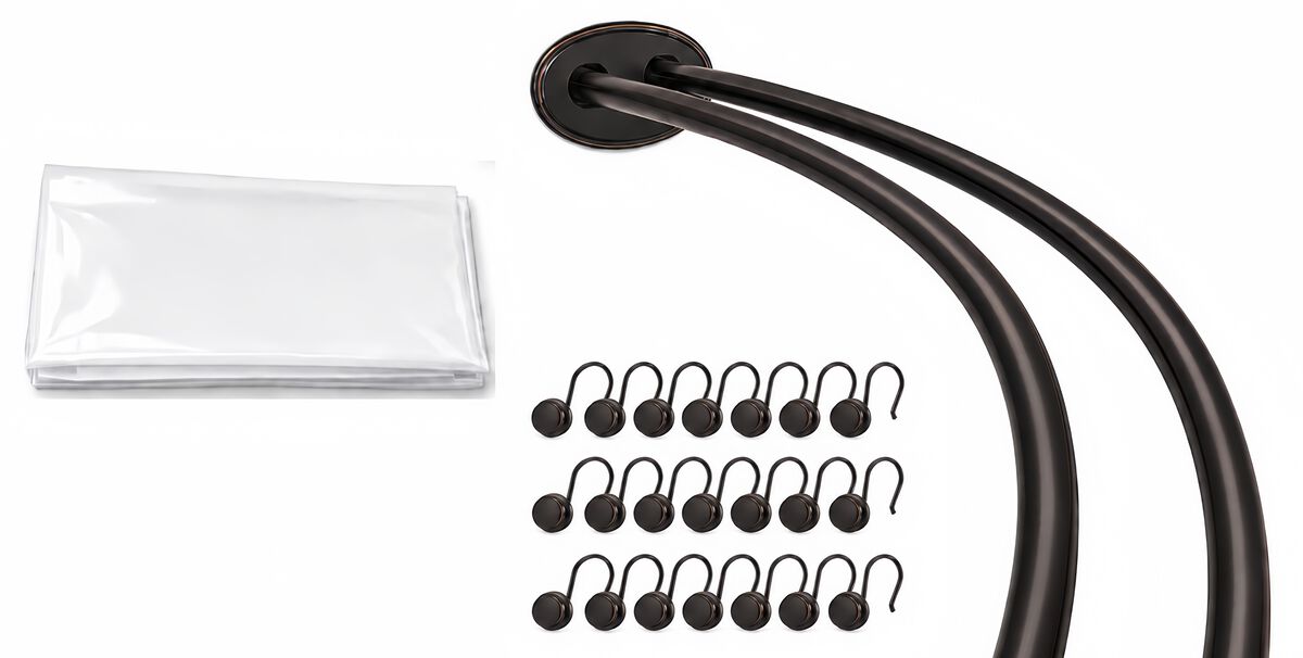 Shower Suite by Utopia Alley &ndash; Rustproof Aluminum Double Curved Shower Curtain Rod Combo Set with Liner & 24 Hooks, Adjustable 45&ndash;72 Inch Wall Mounted Dual Rod, Extra 30% Space