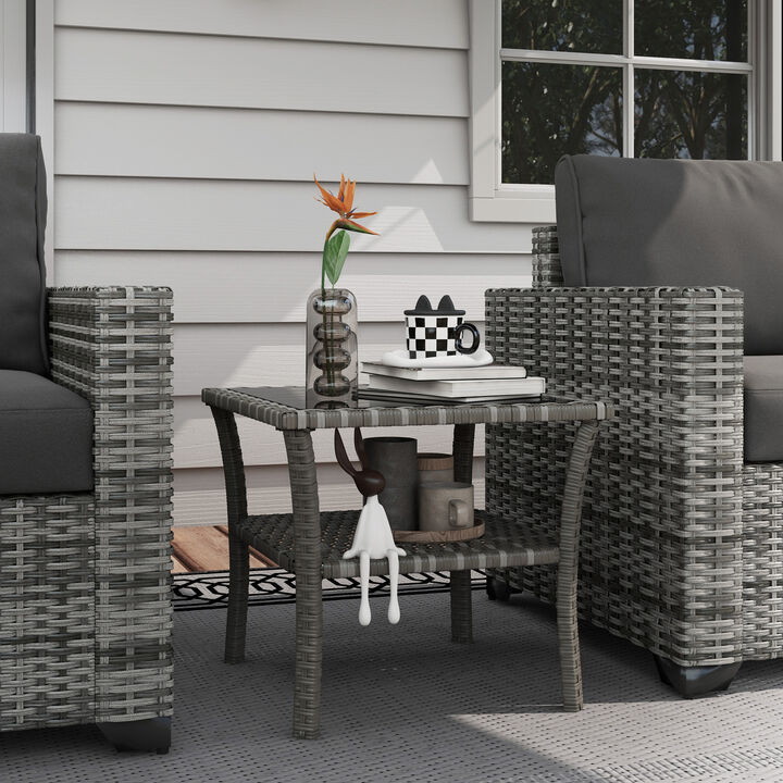 Hivvago PE Wicker Patio End Table with Glass Top