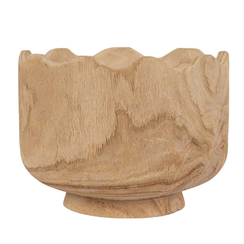Tall Scalloped Edge Paulownia Wood Decorative Bowl, Natural Finish image number 3