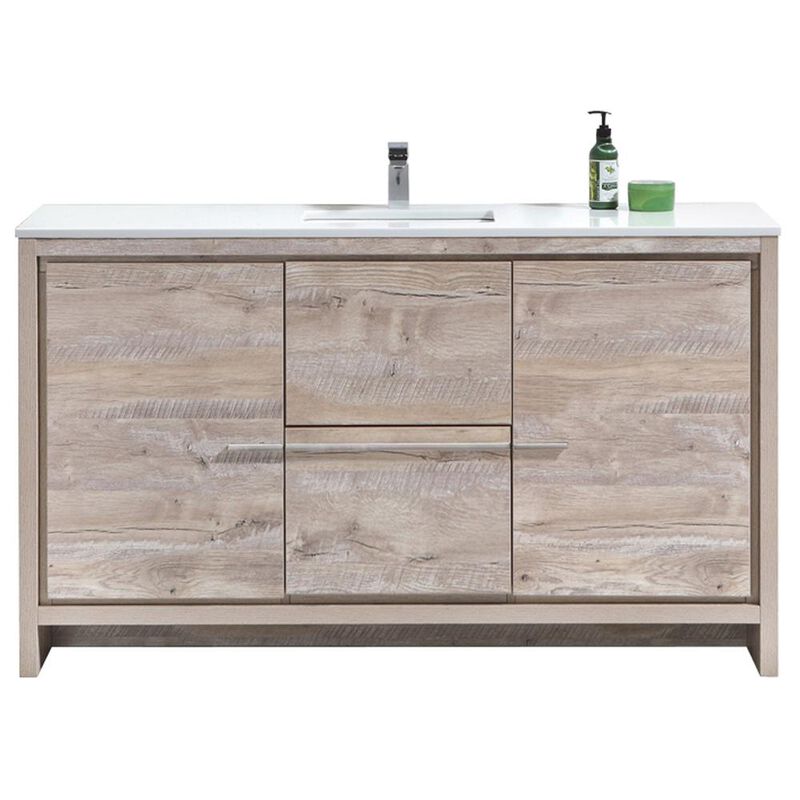 Kubebath 60″ Nature Wood Modern Bathroom Vanity with White Quartz Counter-Top