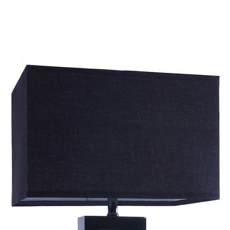 28 Inch Nickel Table Lamp, Black Fabric Shade, Glass Panel and LED Accents - Benzara