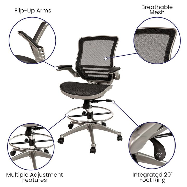 Flash Furniture Mid-Back Black Mesh Drafting Chair with Graphite Silver Frame and Flip-Up Arms