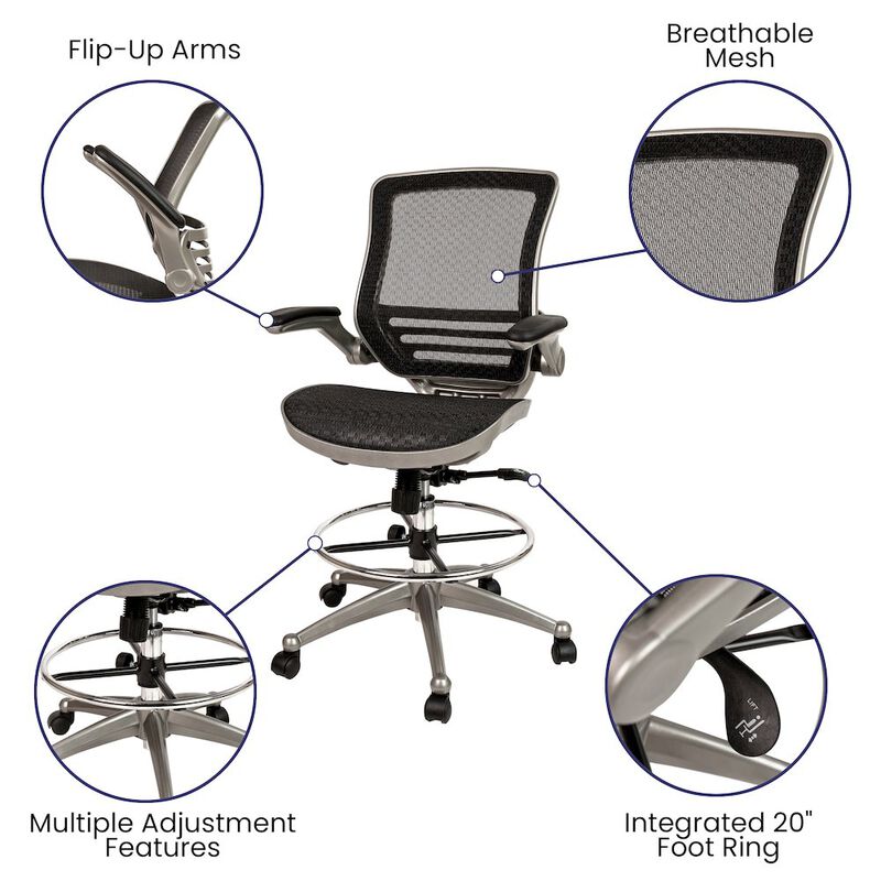 Flash Furniture Mid-Back Black Mesh Drafting Chair with Graphite Silver Frame and Flip-Up Arms image number 1