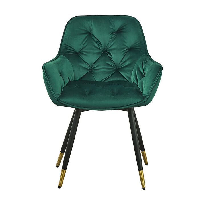 25 Inch Accent Dining Chair, Curved Back, Gold, Green Velvet Upholstery - Benzara