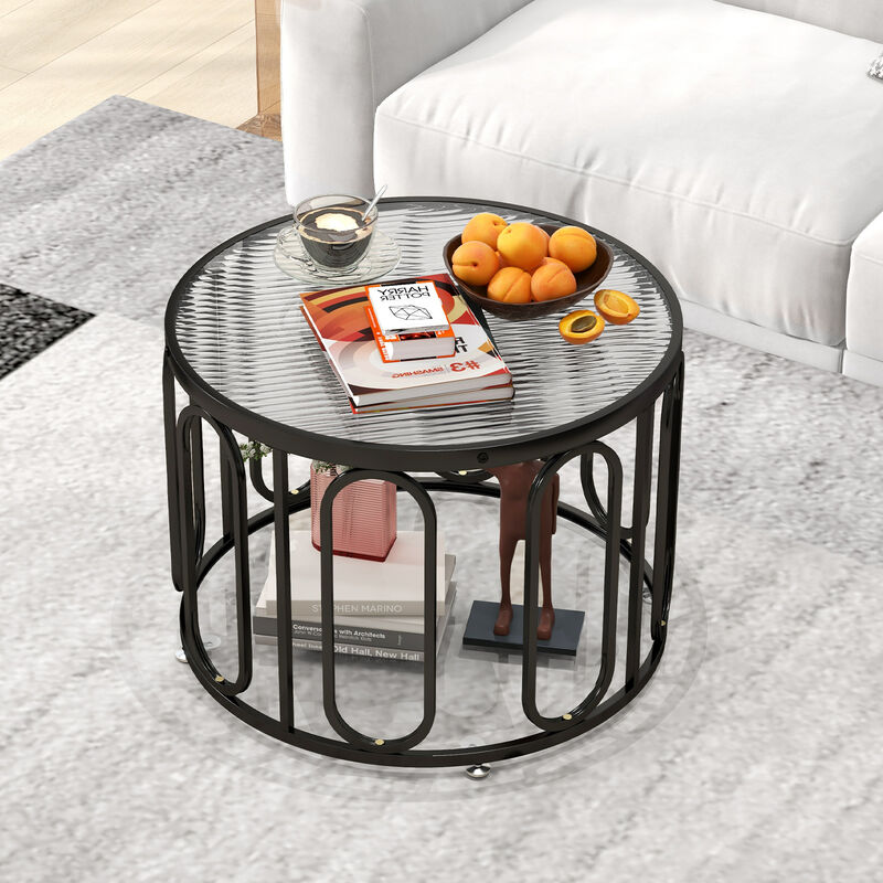 24 Inch Round Coffee Table with Reeded Tempered Glass Top and Oval Swivel Brackets
