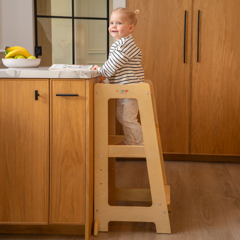 Stepup Baby&reg; Adjustable Toddler Tower - Varnished Wooden Step Stool for Kids | Toddler Standing Tower with Child-safe Chopper & Chopping Board for 18M-4Y image number 6