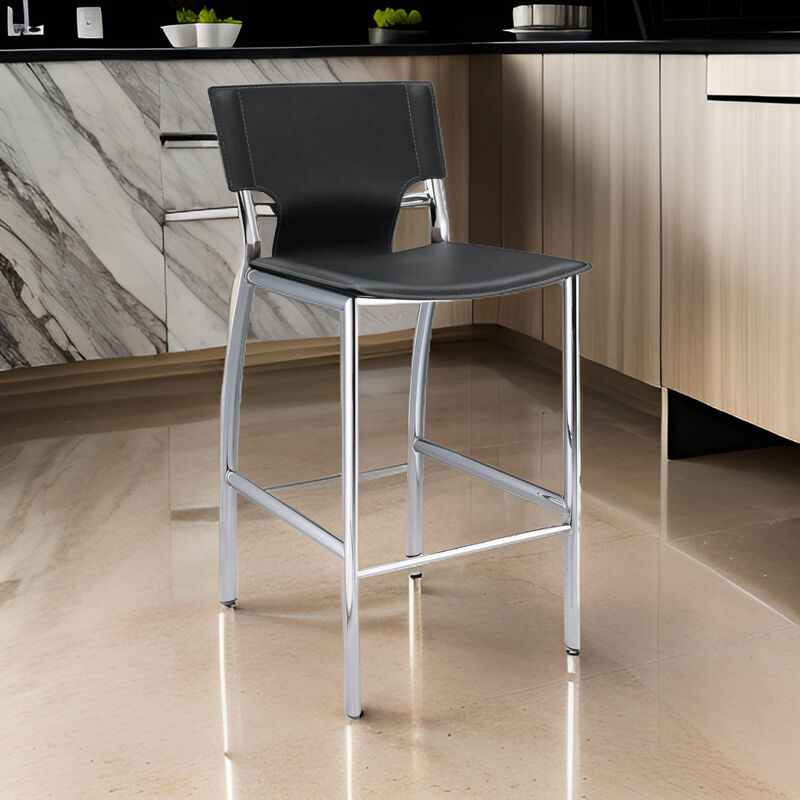 Jan 29 Inch Barstool Chair, Cushioned, Set of 2, Gray Faux Leather, Chrome Metal - Benzara