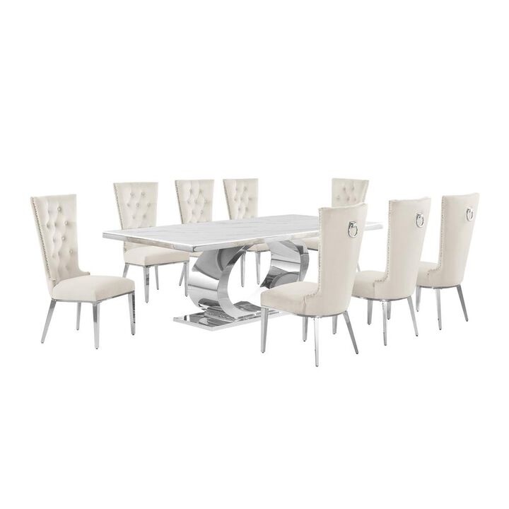 Best Quality Furniture 9pc Large(87) marble top dining set with silver base and  8 Cream side chairs