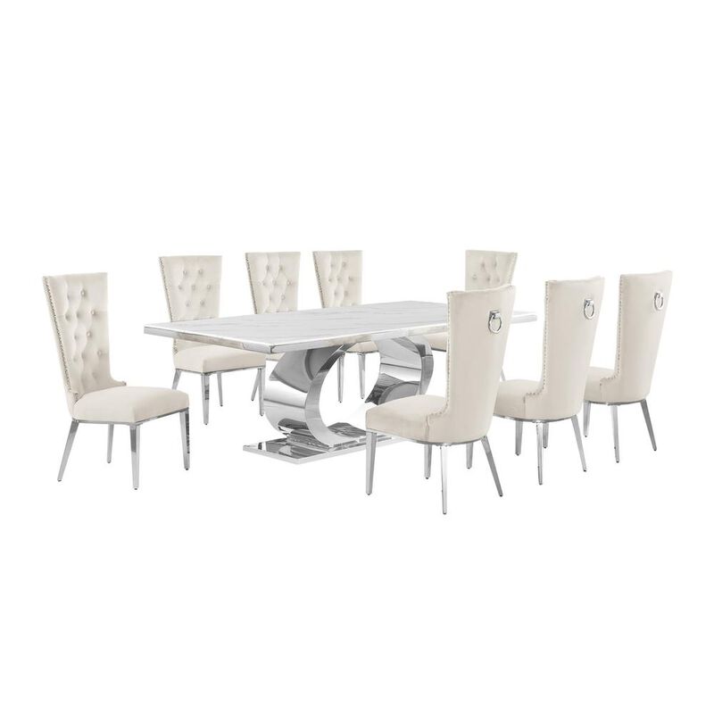 Best Quality Furniture 9pc Large(87) marble top dining set with silver base and  8 Cream side chairs image number 0
