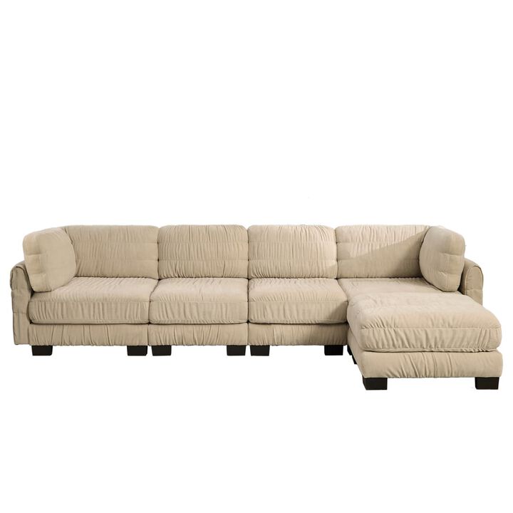 4 seat modular sectional sofa, Chenille L shaped sectional couch with ruched detailing, Modular sectional with movable ottoman