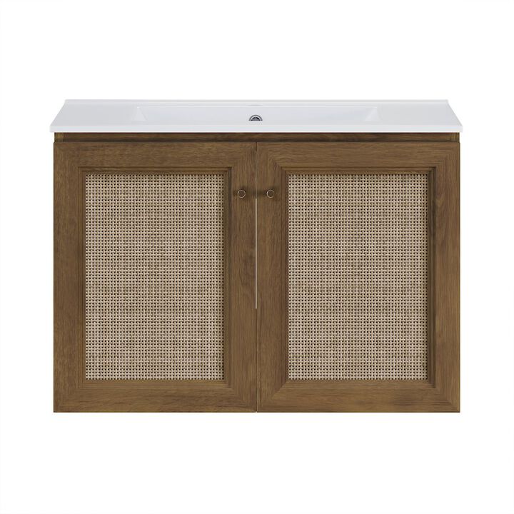 30" Wall-Mounted Bathroom Vanity in Brown Oak with Single Faucet Hole Vanity Top