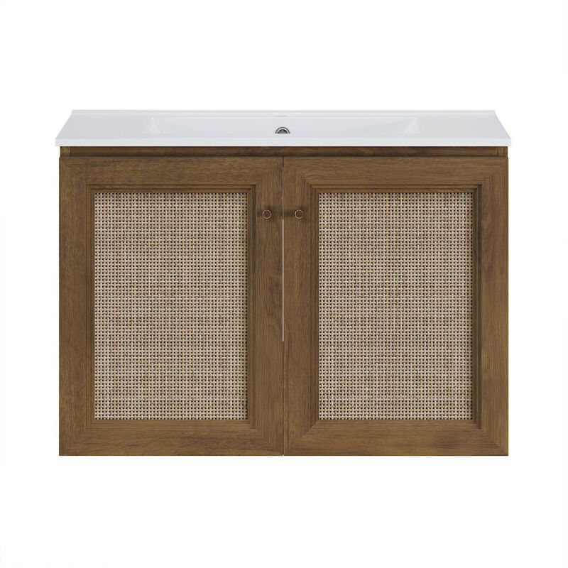 30" Wall-Mounted Bathroom Vanity in Brown Oak with Single Faucet Hole Vanity Top image number 0