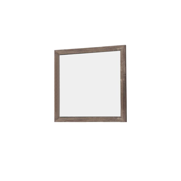 Transitional Square Shape Wooden Frame Mirror with Textured Details, Brown-Benzara