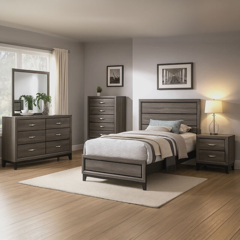 Mela 5pc Twin Bed Set, Nightstand Dresser Chest and Mirror, Oak Gray