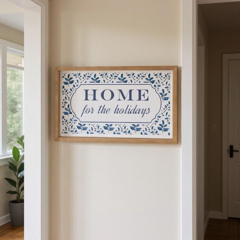 HomeRoots 10" X 19" Blue And White Home For The Holidays Wood Framed Art image number 1
