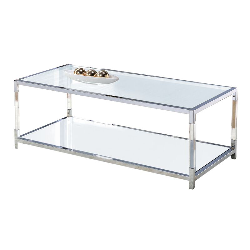 Glass Top Metal Coffee Table with Open Bottom Shelf, Silver and Clear image number 2