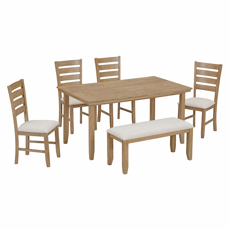 Whisen 6-Piece Rustic Wood Dining Set with 4 Chairs and Bench - Gray