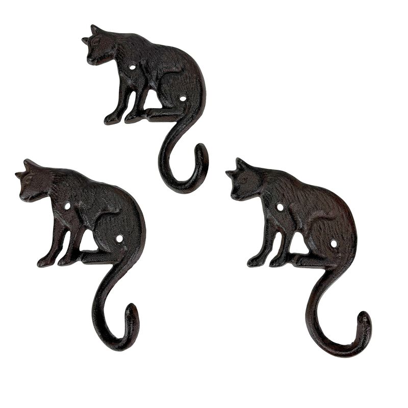 Set Of 3 Cast Iron Cat Wall Hooks Aged Brown Rustic 65 In Decorative image number 0