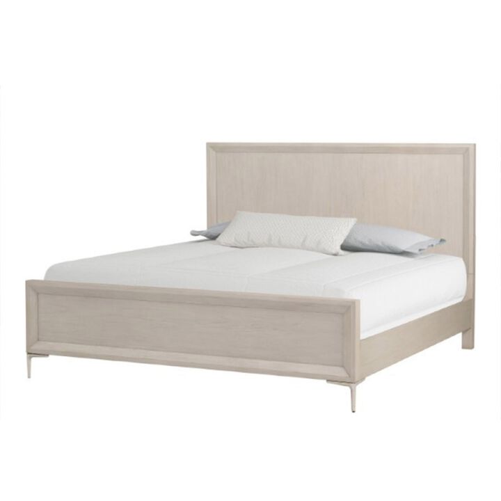Kaira Queen Size Bed with Metal Accents, Natural Oak Solid Rubberwood - Benzara