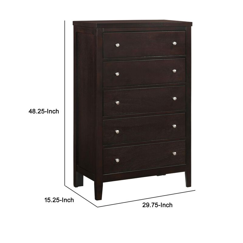 Con 48 Inch Tall 5 Drawer Dresser Chest, Silver Knobs, Cappuccino Brown - Benzara