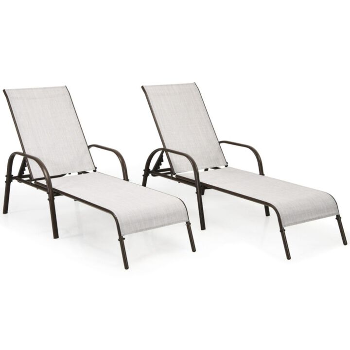 Outdoor Patio Lounge Chair Chaise Fabric with Adjustable Reclining Armrest Set of 2
