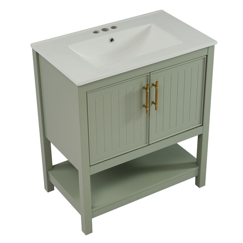 Whisen 30" Bathroom Storage Cabinet Bathroom Vanity with Ceramic Sink, Soft Close Doors and Open Shelf
