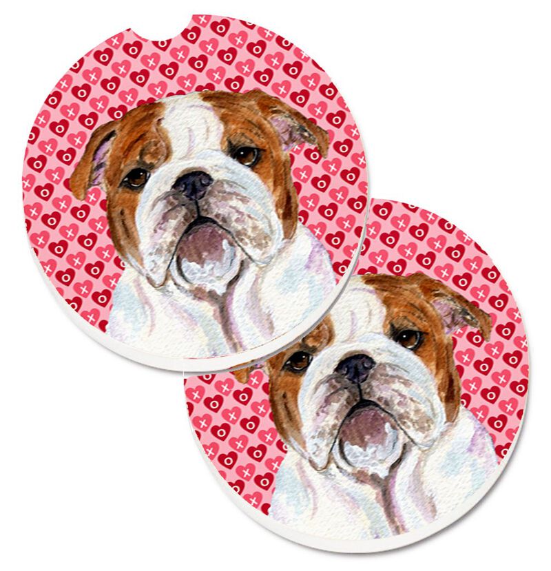 Caroline's Treasures Bulldog English Hearts Love Valentine's Day Set of 2 Cup Holder Car Coasters SS4484CARC, 2.56, Multicolor image number 0