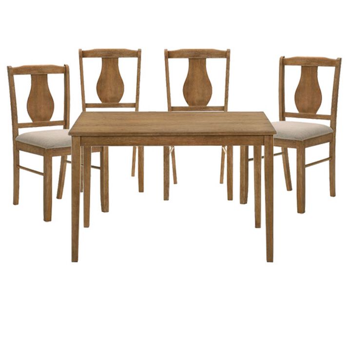 5 Piece Dining Table Set with 4 Chairs, Rubberwood, Weathered Oak - Benzara