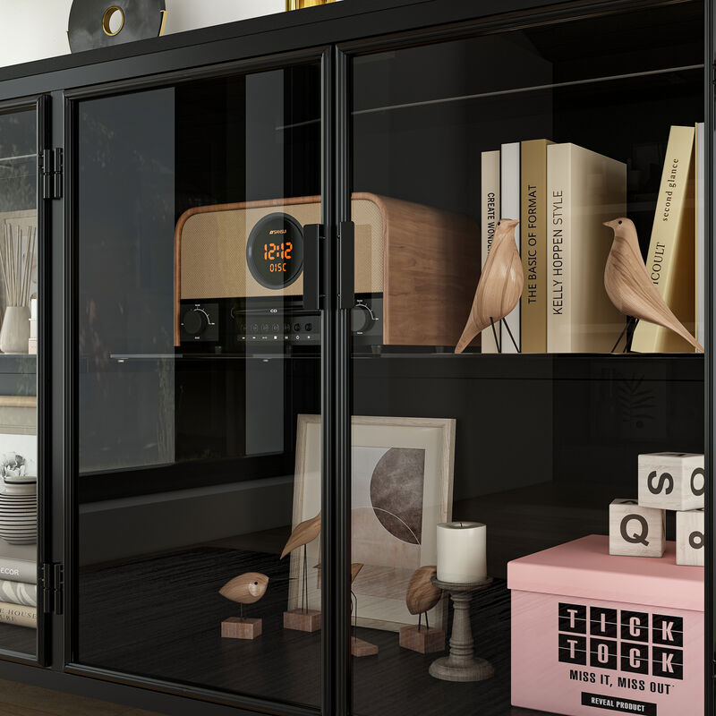 FUFU&GAGA Modern Glass Bookcase, Stylish & Durable Display Cabinet with Glass Doors for Living Room & Office,(55.1" W x 29.5" H x 15.7" D),Black