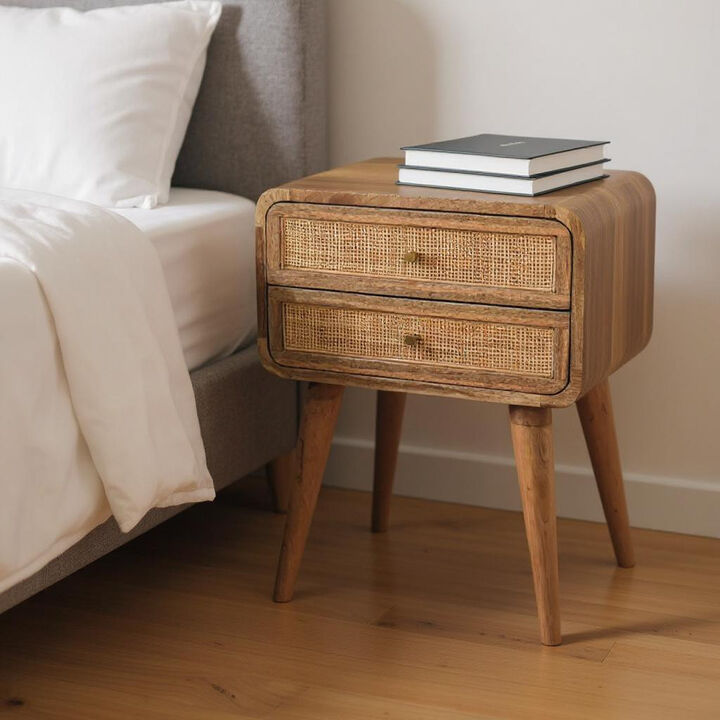 HomeRoots 22" Oak Solid Wood And Cane Rattan Two Drawer Nightstand