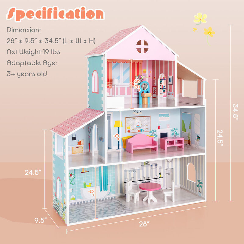 3-Tier Toddler Doll House with Furniture Gift for Age over 3 image number 5
