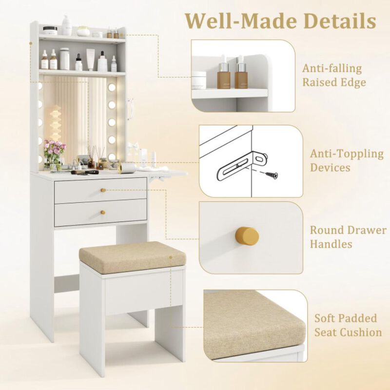 Hivvago Compact Vanity Desk Set with 3-Color Lighted Mirror and Power Outlets