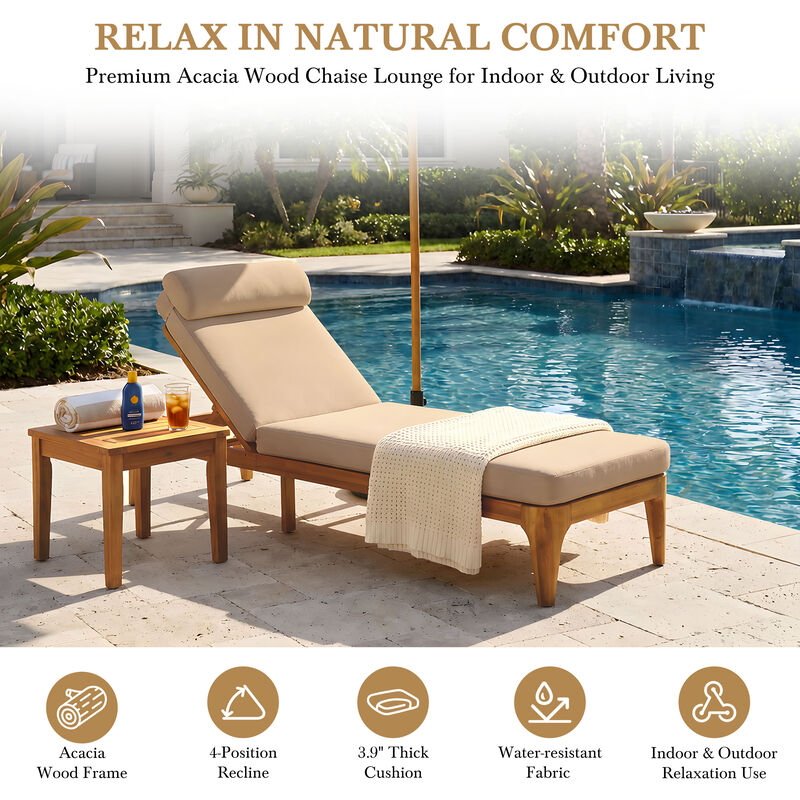 Merax Outdoor Chaise Lounge with Natural Acacia Wood Frame, Adjustable Recline image number 4