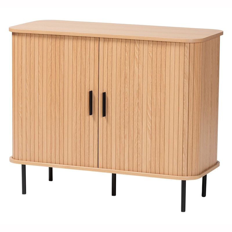 Baxton Studio Lucia Fluted Wood Storage Cabinet - Mid-Century Modern Sideboard with Sliding Tambour Doors, 35" Wide