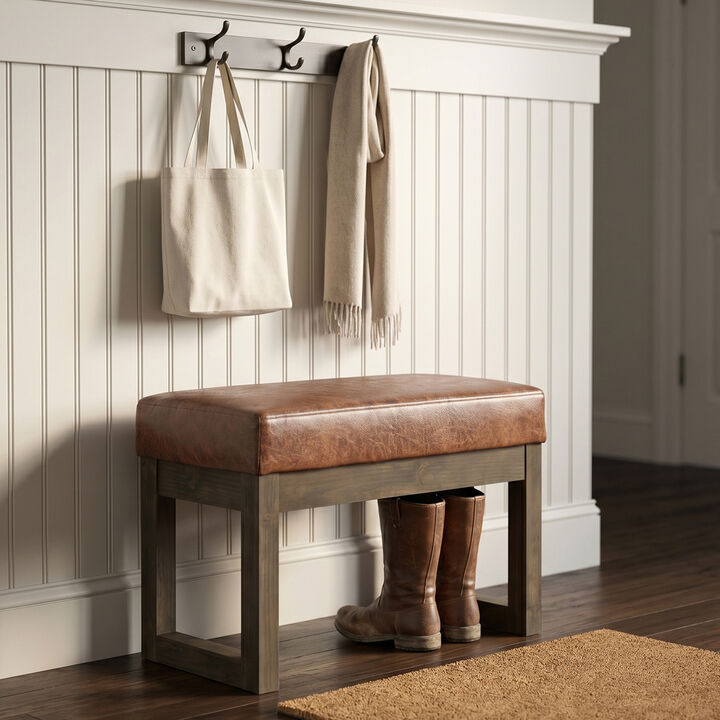 Milltown Footstool Small Ottoman Bench in Distressed Saddle Brown Faux Air Leather