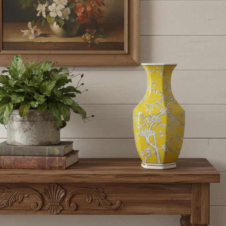 HomeRoots 14" Yellow And White Chinoiserie Floral Porcelain Table Vase