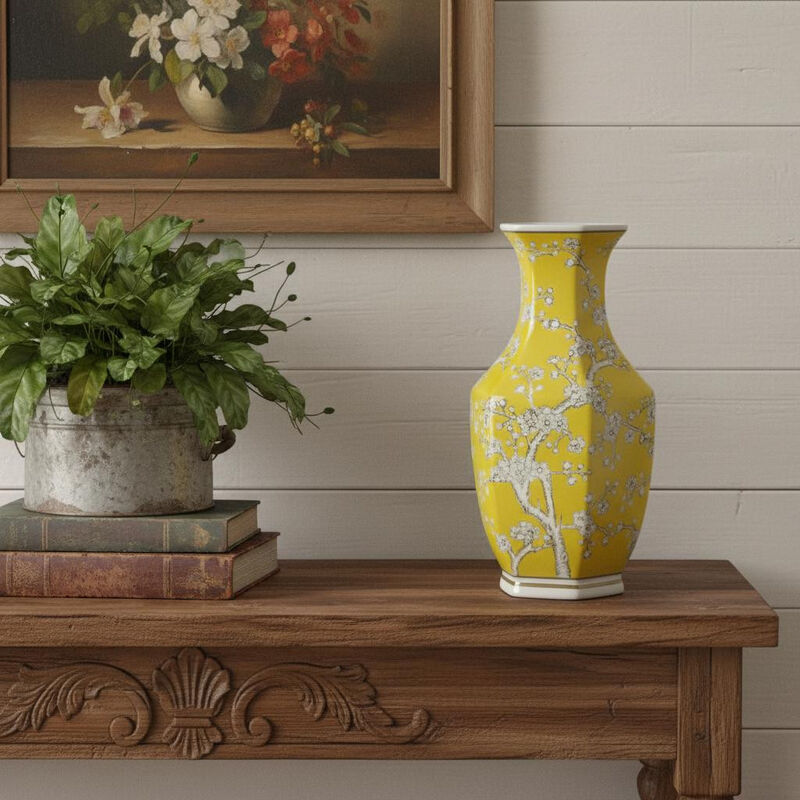 HomeRoots 14" Yellow And White Chinoiserie Floral Porcelain Table Vase image number 1