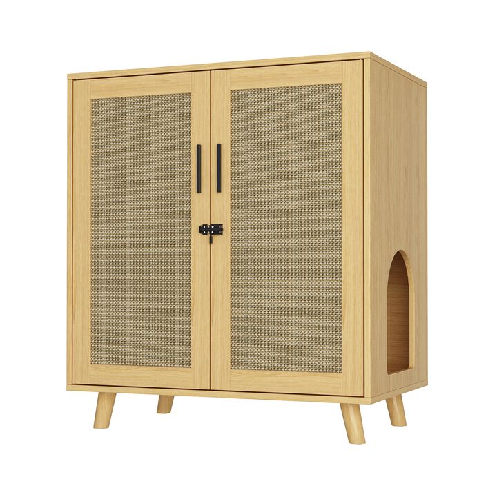 Cat Litter Box Enclosure with Lock Sisal Door, Modern Hidden Litter Box Furniture Cat Washroom Storage for Living Room