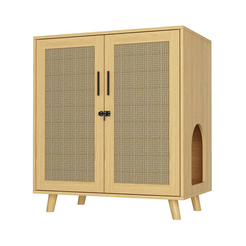 Cat Litter Box Enclosure with Lock Sisal Door, Modern Hidden Litter Box Furniture Cat Washroom Storage for Living Room